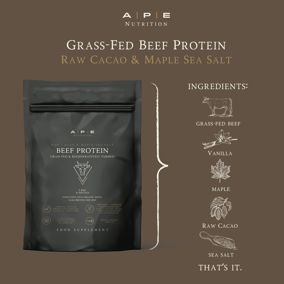 APE Nutrition | Grass-Fed Beef Protein Powder | Raw Cacao & Maple Sea Salt | 1.3kg (50 servings)