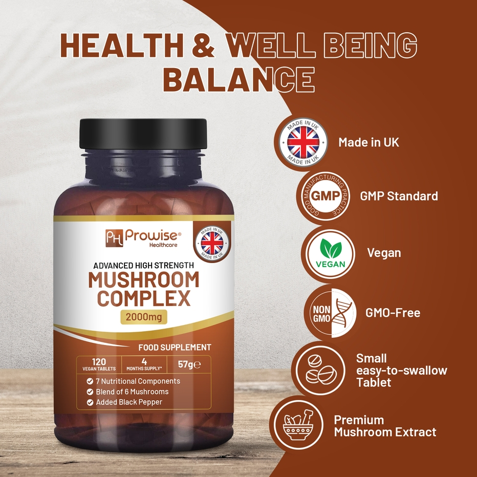 Prowise Healthcare | Advanced Mushroom Complex | 6 Mushrooms | 120 Vegan Tablets