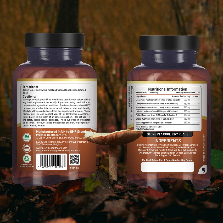 Prowise Healthcare | Advanced Mushroom Complex | 6 Mushrooms | 120 Vegan Tablets