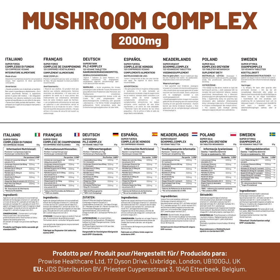 Prowise Healthcare | Advanced Mushroom Complex | 6 Mushrooms | 120 Vegan Tablets