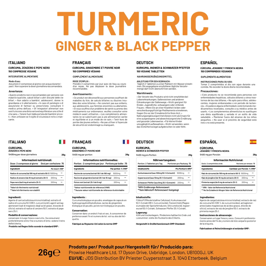 Prowise Healthcare | Turmeric 5400mg with Black Pepper and Ginger | 150 Tablets