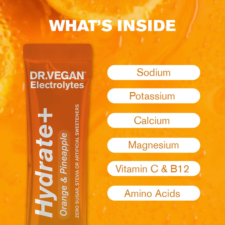 DR.VEGAN | Hydrate+ Complete Electrolytes | Orange & Pineapple | Box of 15 Sachets