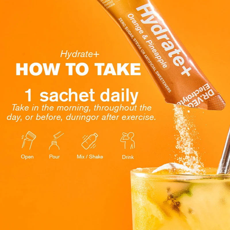 DR.VEGAN | Hydrate+ Complete Electrolytes | Orange & Pineapple | Box of 15 Sachets
