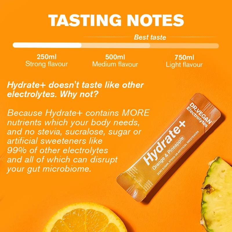 DR.VEGAN | Hydrate+ Complete Electrolytes | Orange & Pineapple | Box of 15 Sachets