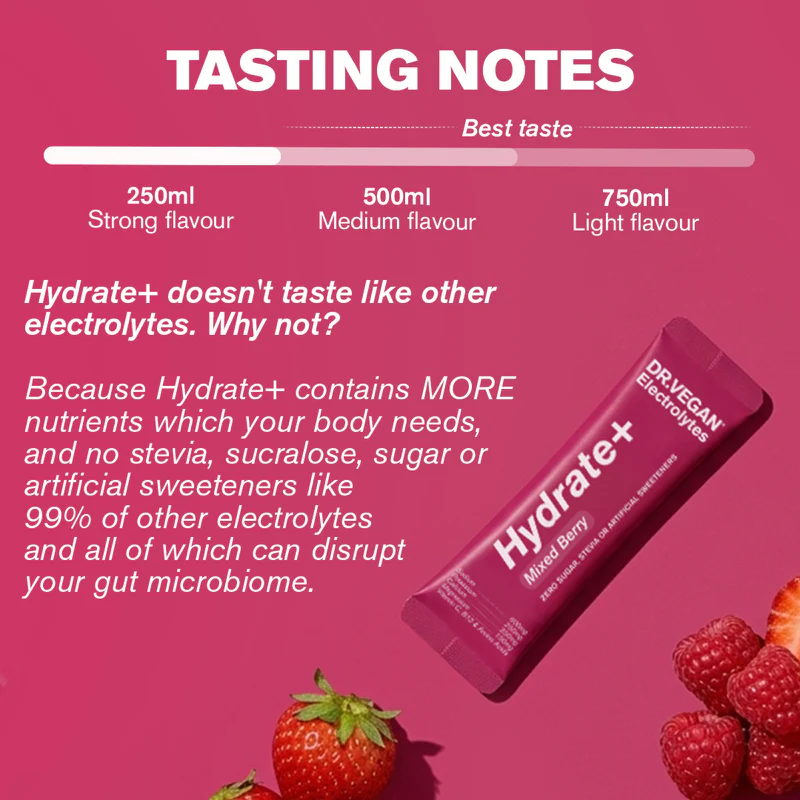 DR.VEGAN | Hydrate+ Complete Electrolytes | Mixed Berry | Box of 15 Sachets