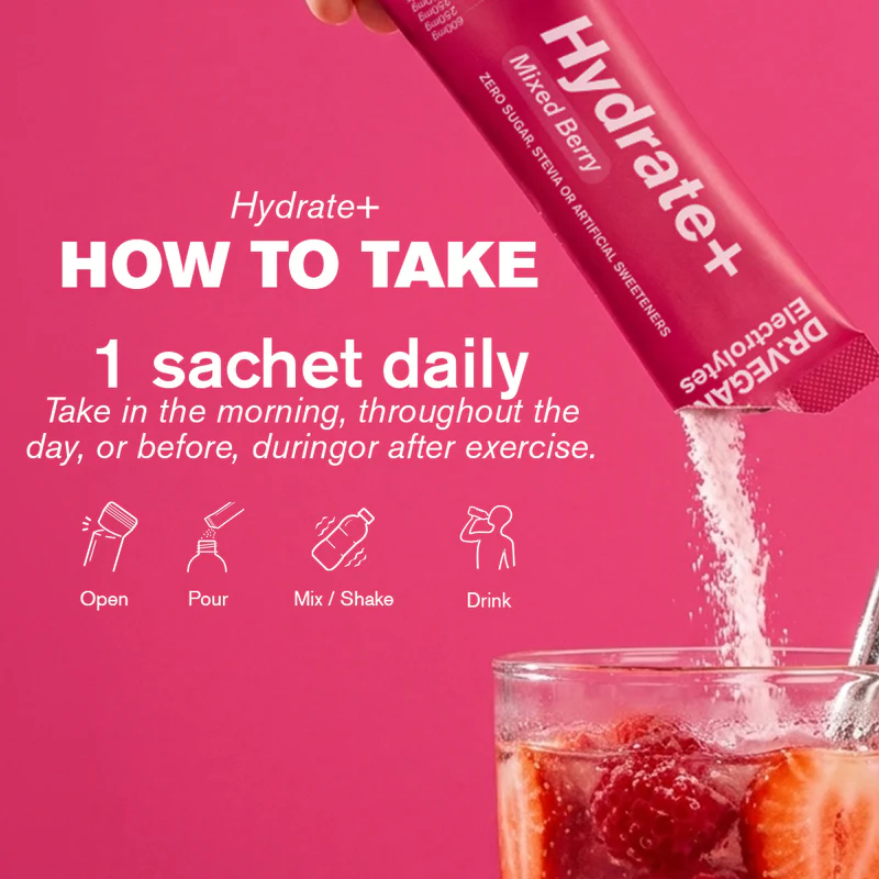 DR.VEGAN | Hydrate+ Complete Electrolytes | Mixed Berry | Box of 15 Sachets